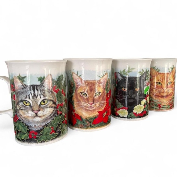 Set of 4 vintage Dunoon bone China Christmas cat mugs - Picture 1 of 8